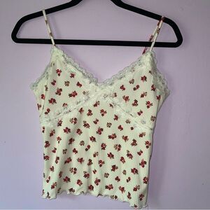 Wild Love Size M Cropped Babydoll Cami Ditsy Floral Lace Trim Cream 90s Y2K